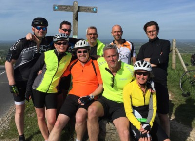 Photo of the riders in the London to Brighton Bike Ride taking a well earned break